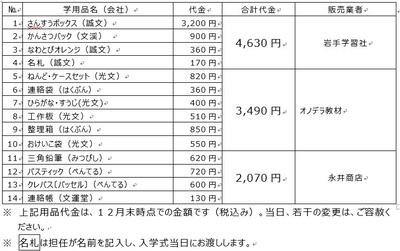 販売品価格表